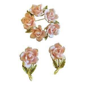 Vintage Coro Signed Porcelain Rose Flower Brooch Pin & Clip-on Earrings Set